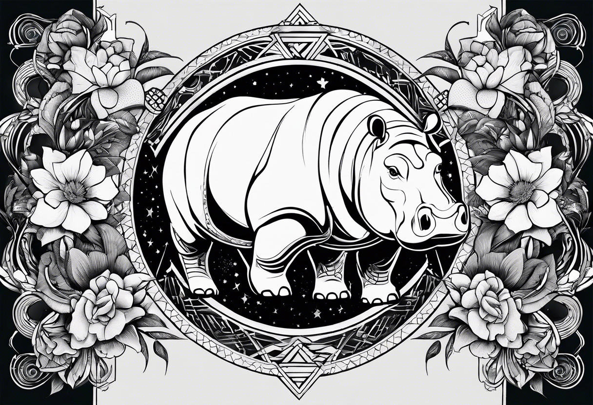 Hippo, flowers, moon, interstella , artic surreal, 
Extreme fine lines, +tribal, +geometric, develop from my favourites tattoo idea