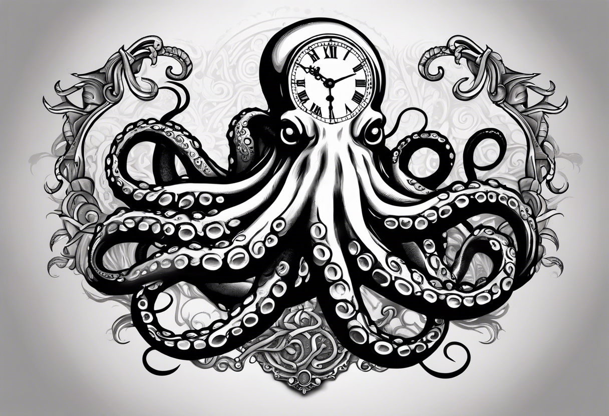 Octopus over an old pocket watch with his tentacles, in a natural pose tattoo idea