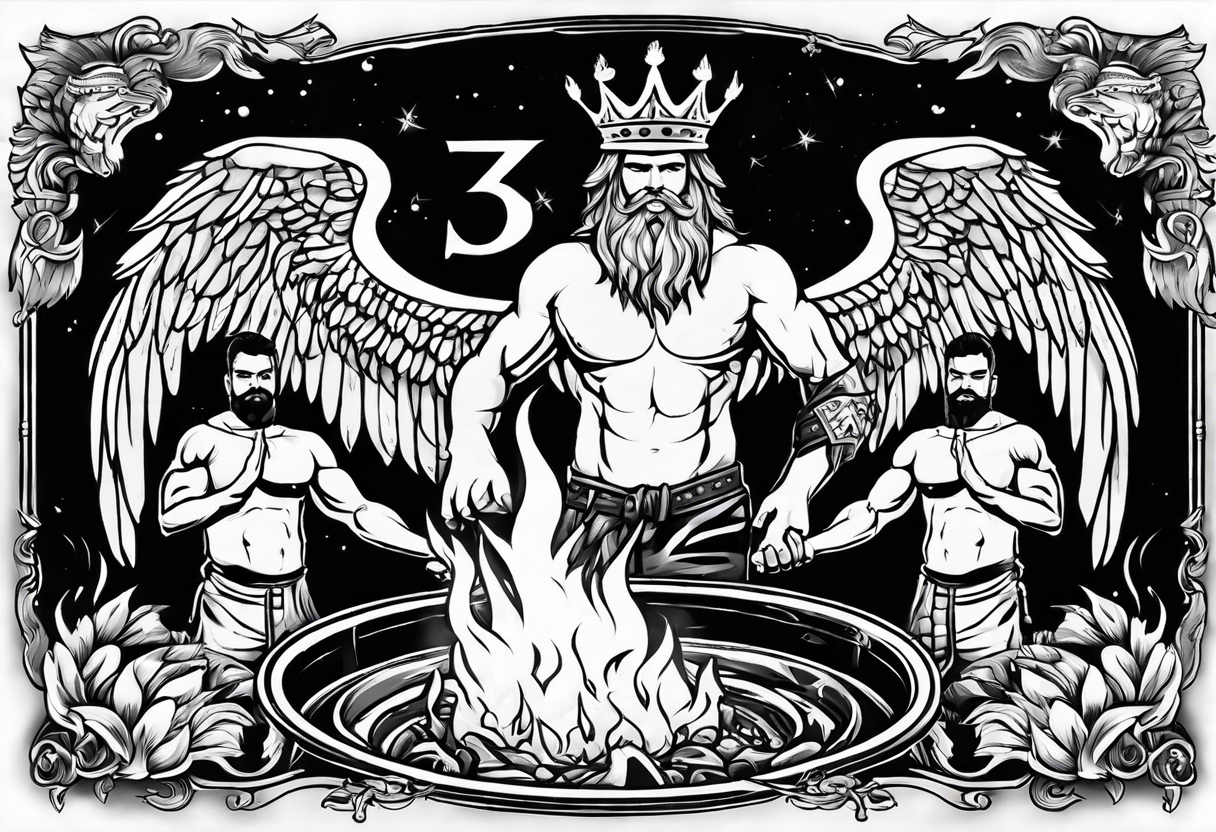 3 men holding hands in a big fire pit with an angel in the background with the word kings on top of it with a crown on top of that tattoo idea