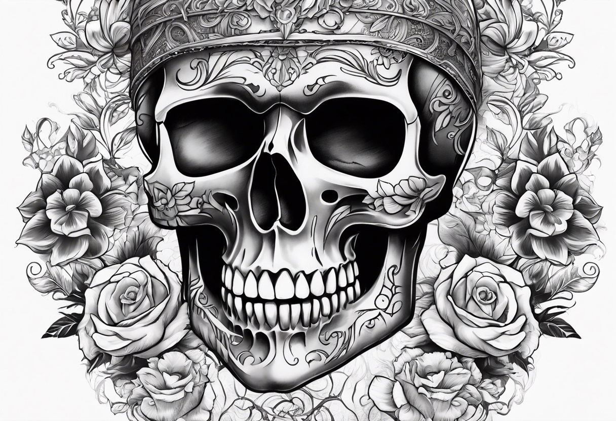 Draw me a skull with smoke out of his mouth add some flowers underneath with some ornamentals and Chains under it tattoo idea