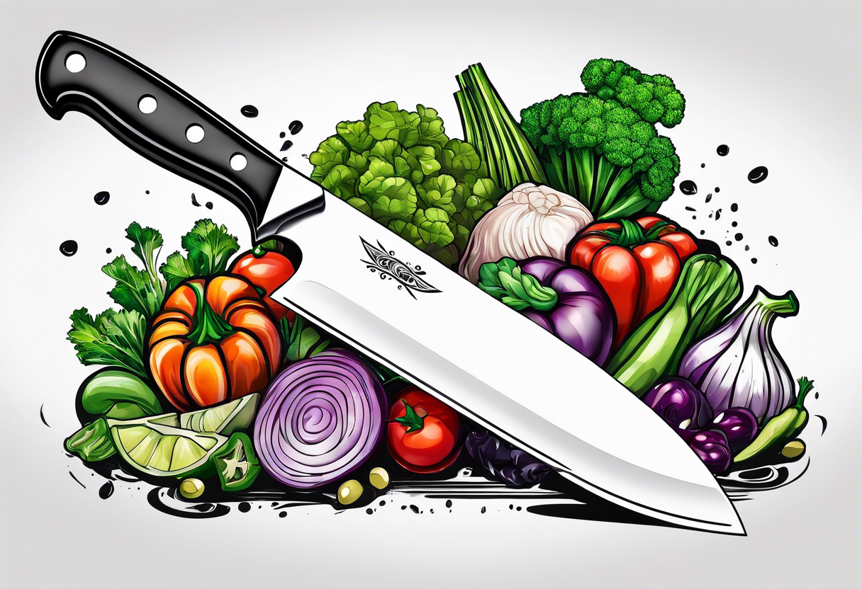 simple Chef knife with vegetables inside blade tattoo idea