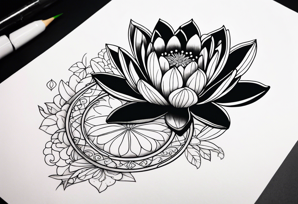 Water lilly on top of hour glass with black background tattoo idea