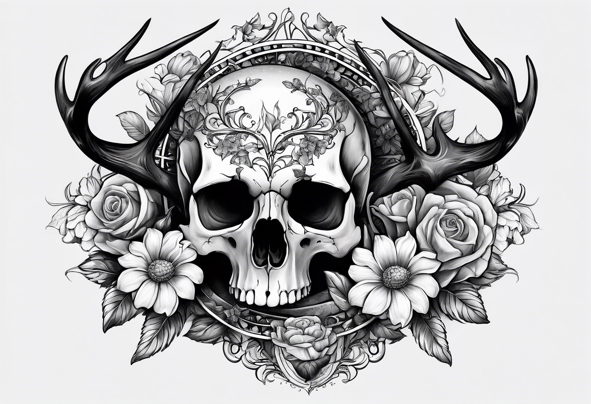 roller coaster track going around human skull, a deer skull, and flowers tattoo idea