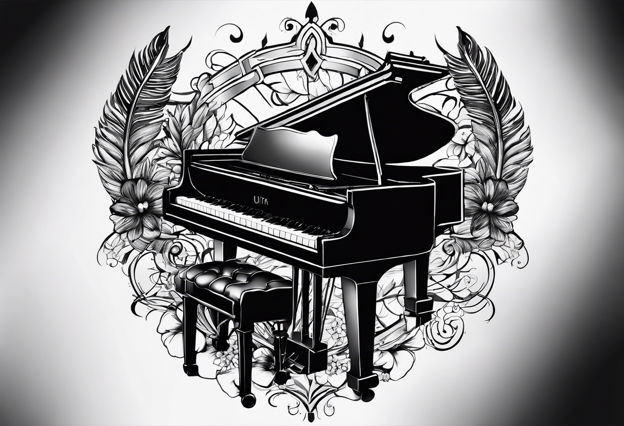 tattoo design for the back of arm. small. just the keys of a piano with drum sticks. realistic tattoo idea