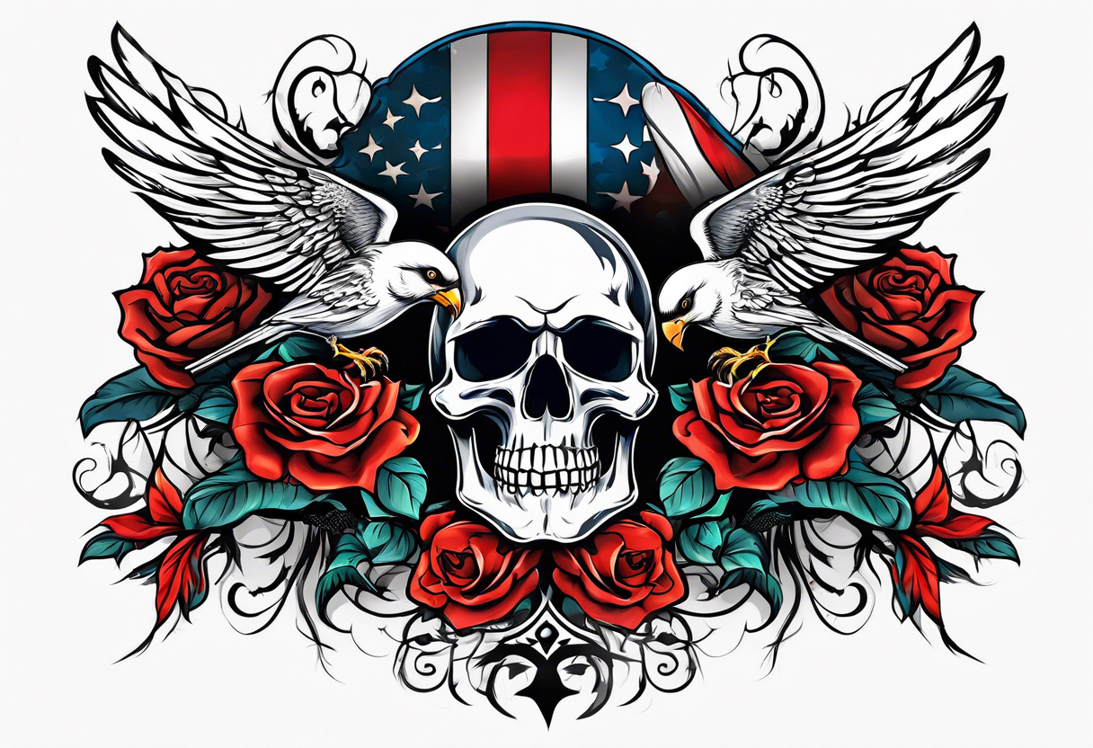 patriotic banner with skulls and birds tattoo idea