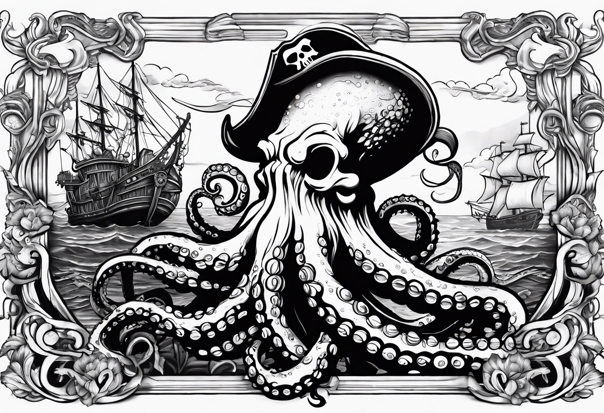 Octopus with tractor arm wrapped around a pirate ship with jimmy buffet playing in the background tattoo idea