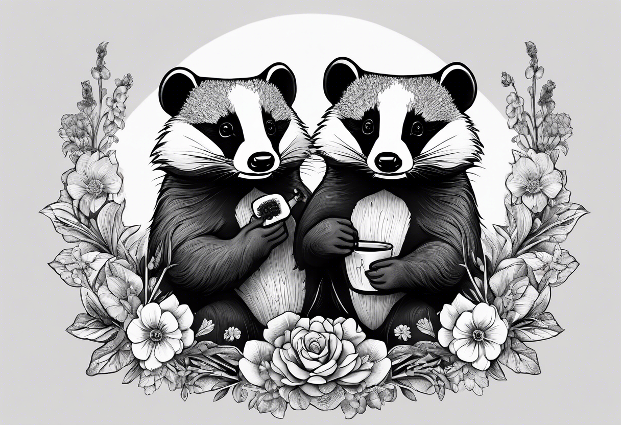 Trippy, pair of badger siblings in a field of flowers one holding a cigar and the other holding a lighter tattoo idea