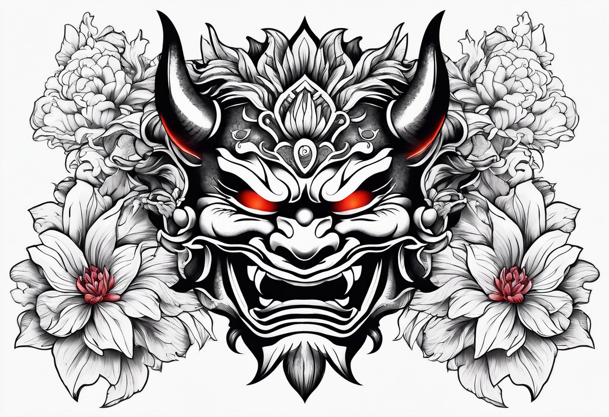 oni mask with flower petals around it tattoo idea