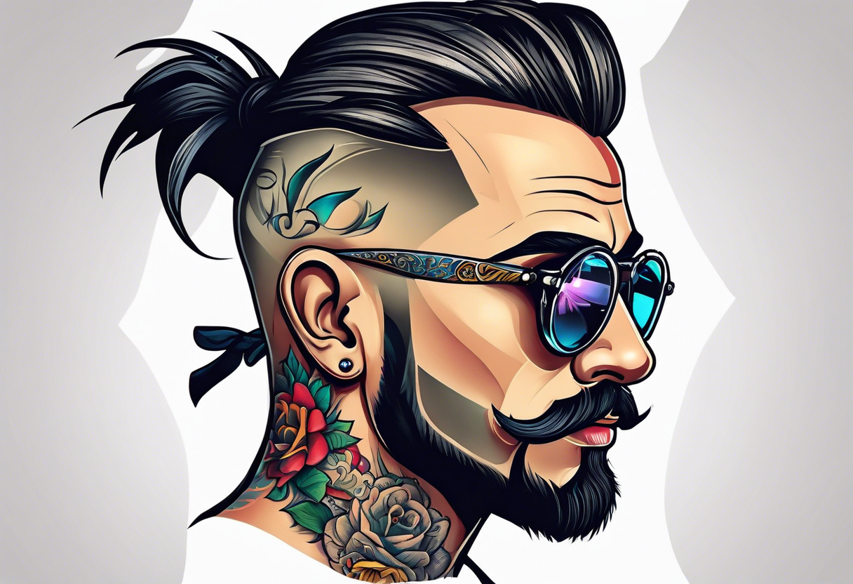 Attractive Male, slim oval face, sunken eyed, Short mustache, tools, ray-bans, no hair on sides and pony-tail on top, mechanic tattoo idea