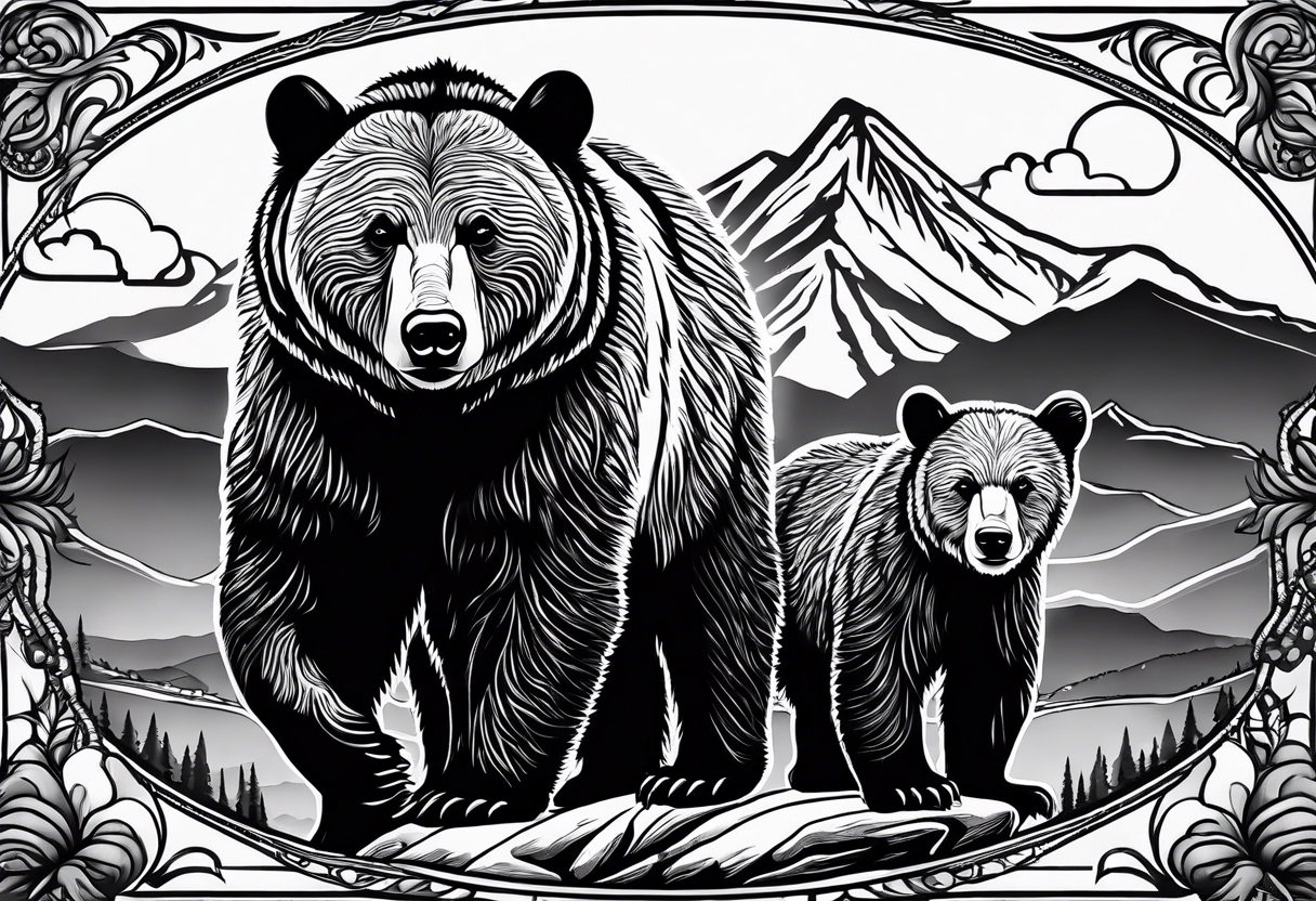 mamma bear and cub with mountains tattoo idea