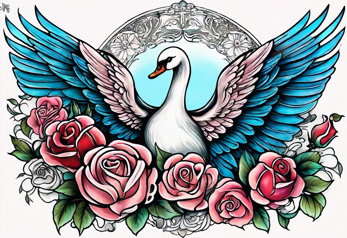 Soft washes of color create a dreamlike effect. Imagine the angel's wings with watercolor washes, the swan blending into soft blues, and the roses blooming in watercolor pinks and reds. tattoo idea