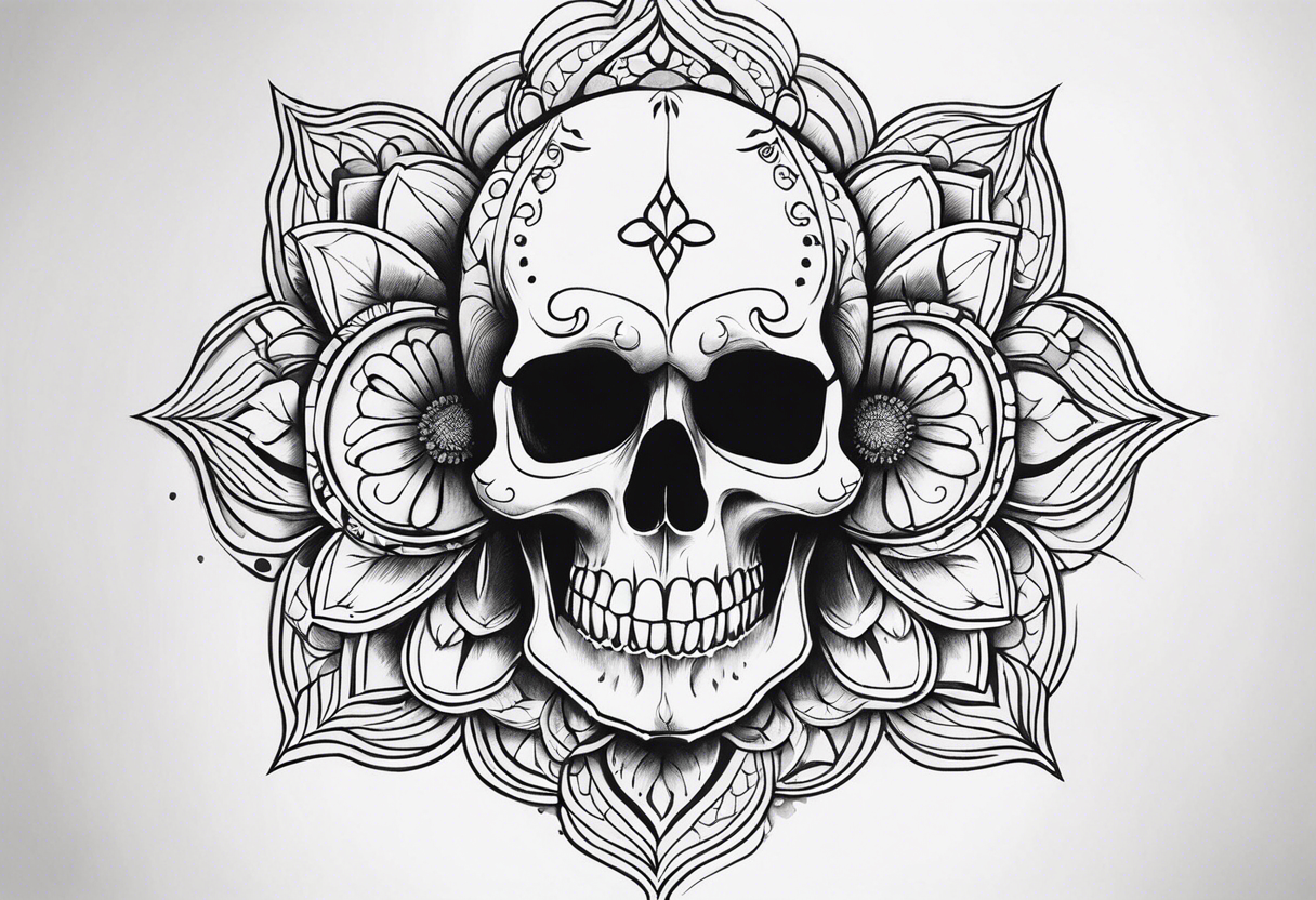 Draw me a realistic skull with black smoke out of his mouth add some flowers underneath with some mandalas at the bottom tattoo idea