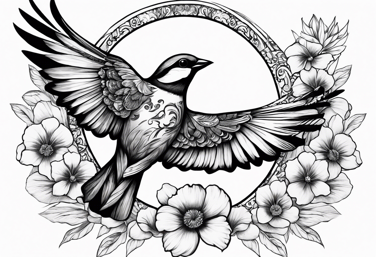 mens neck sleeve sparrow, om symbol, cosmos, iris, daisy, add sun rays and
 clouds tattoo idea