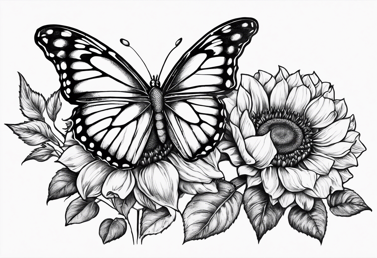 Butterfly sur sunflower et rose flower et bleu flower rose en dessous un livre qui est à  côté d'une camera tattoo idea