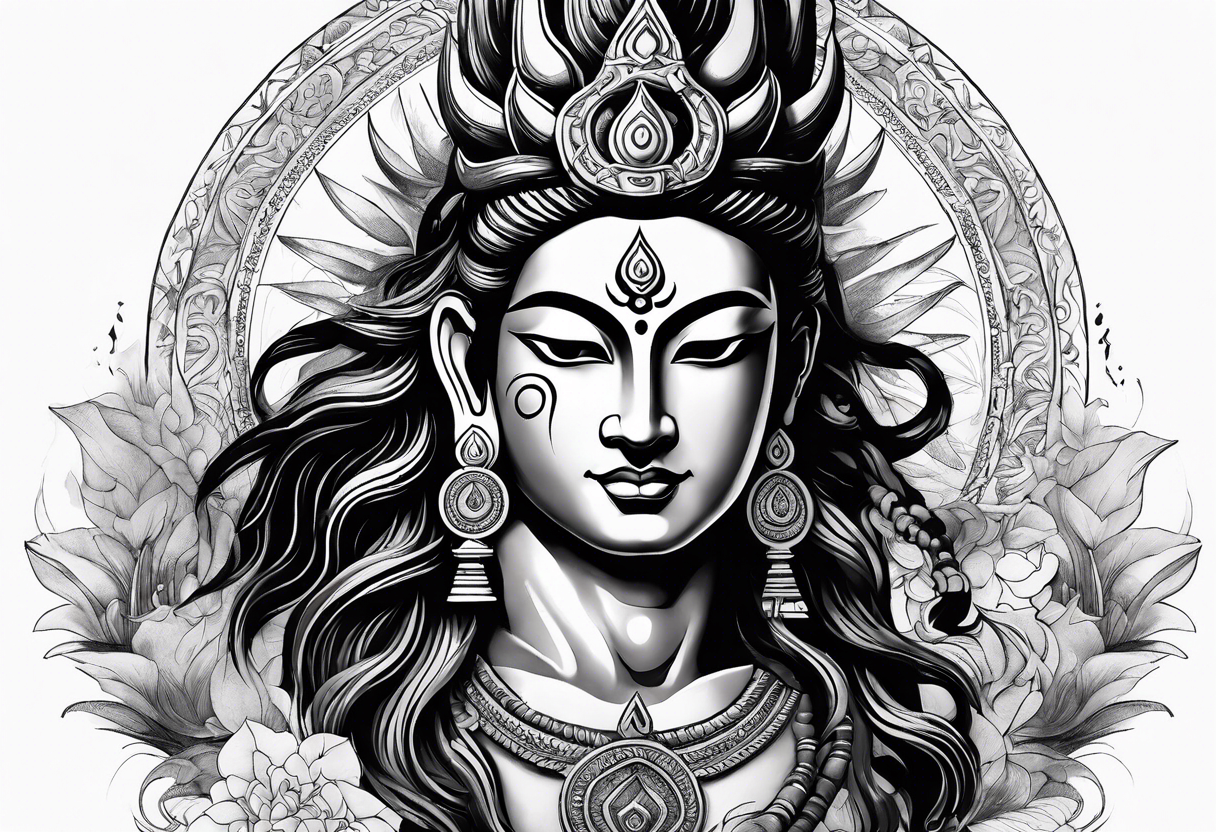 envision Shiva in a dynamic pose, surrounded by symbols representing adventure and karma, with flowing elements to signify your go-with-the-flow attitude. tattoo idea