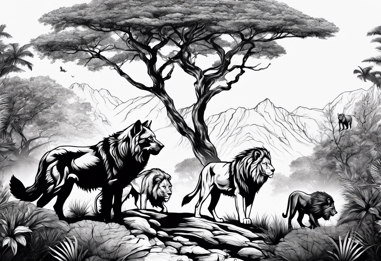 wolf pack and lion pack in the jungle far away walking towards a tree tattoo idea