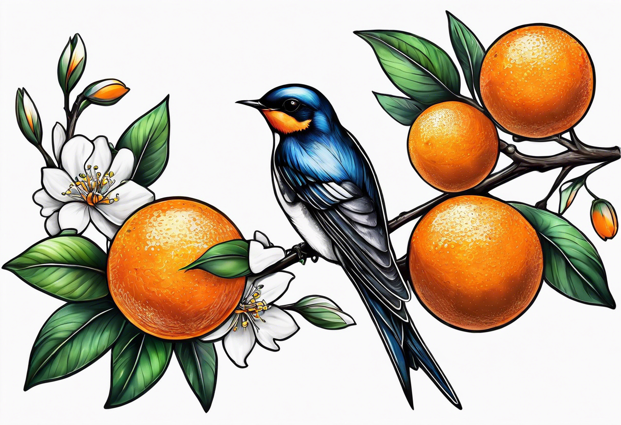 swallow sitting on an orange blossom branch with its wings up tattoo idea