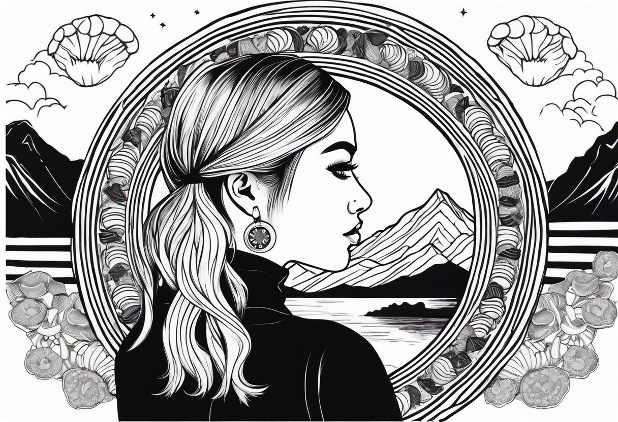 Straight blonde hair girl facing away toward mountains surrounded by mushrooms crescent moon mandala circular design black and white striped dress "8" braided into hair tattoo idea