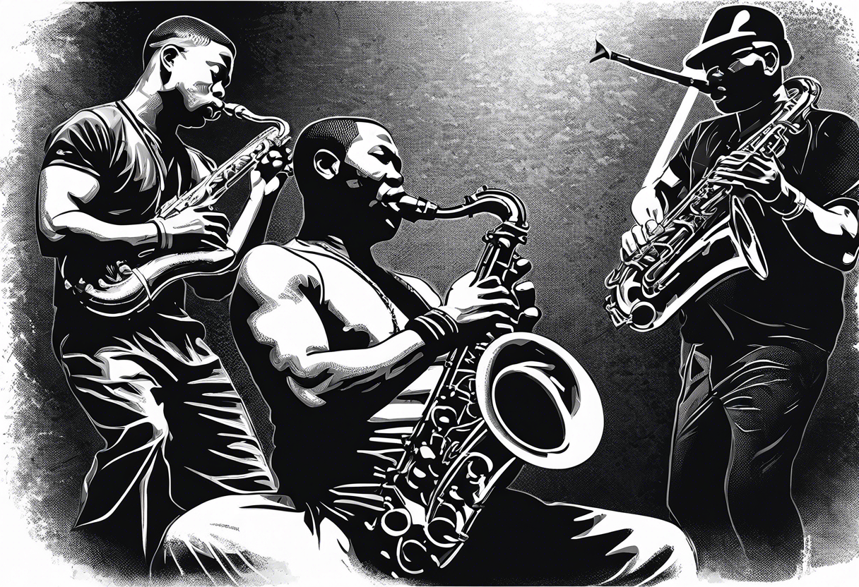 Muay Thai boxer with strong body is playing jazz on a Selmer tenor saxophone in a jazz club front of a jazz trio band. The notes are coming out from the saxophone and turning into buddhist symbols. tattoo idea