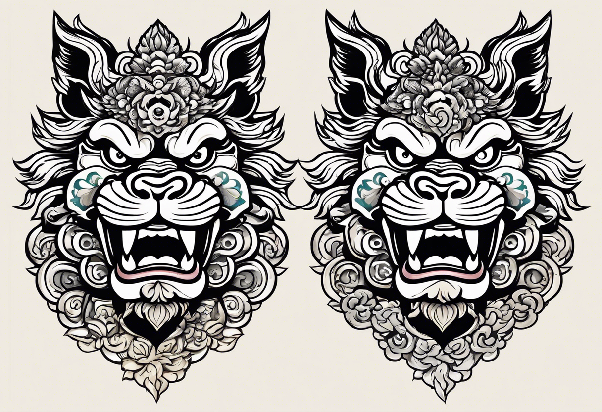 Okinawa style twin shisa dogs, one with open mouth, one with closed mouth, chest/pecs, Yakuza style, old school tattoo idea