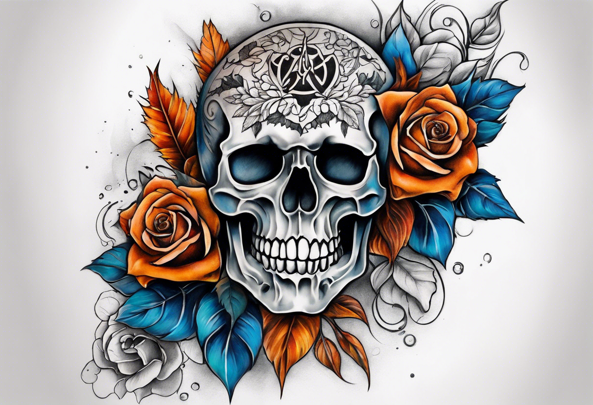 Front knee tattoo with fall colors, small flowers, rose, satanic skull, leaves, blue water flows with washes and background, Powell Peralta logo tattoo idea