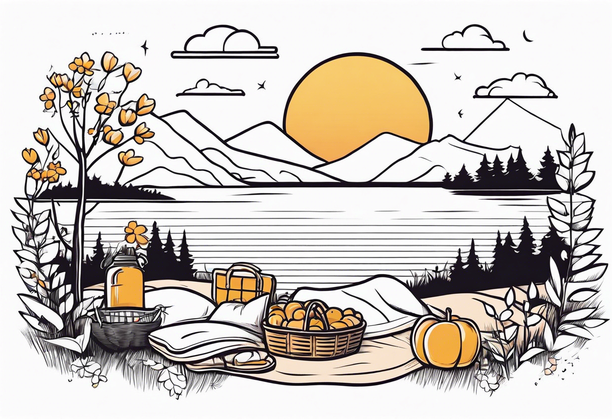 picnic scene in nature by a lake with bushes, tress and flowers, with a shecker blanket, a picnic basket, pillows and a sun in the sky tattoo idea