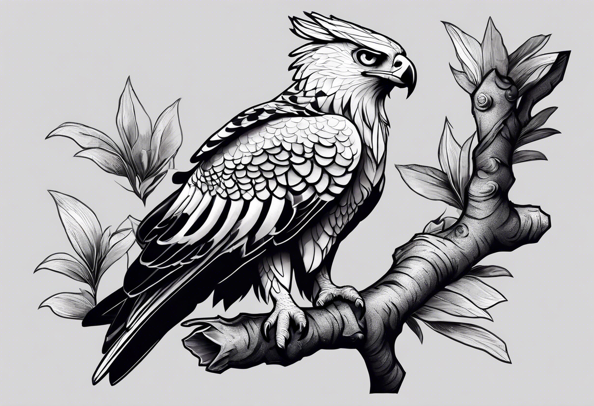 Harpy eagle perched on a branch tattoo idea