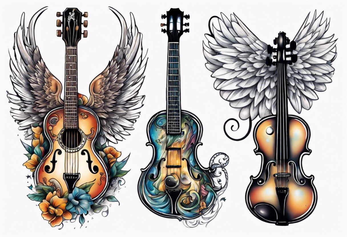 GUITAR LEANING AGAINST A VIOLIN WITH WINGS tattoo idea