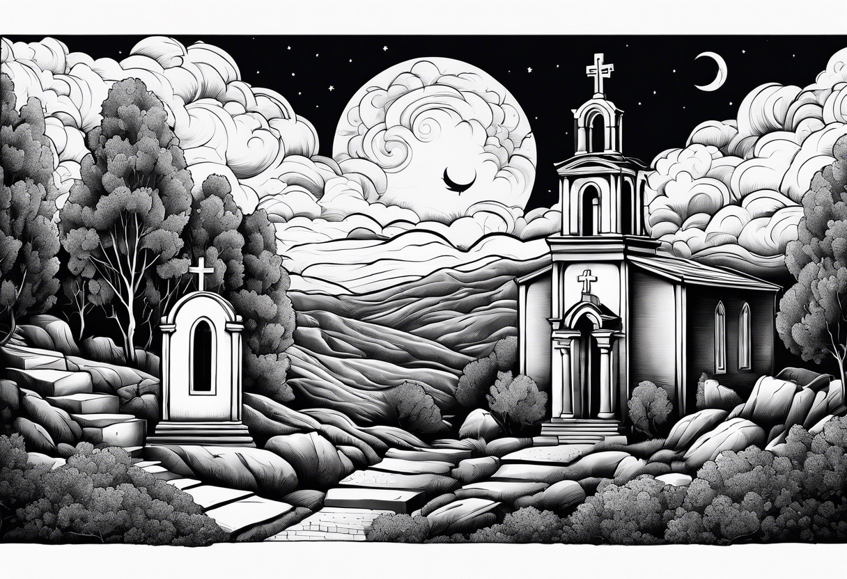 Graveyard with moon and greek church on hills with clouds tattoo idea