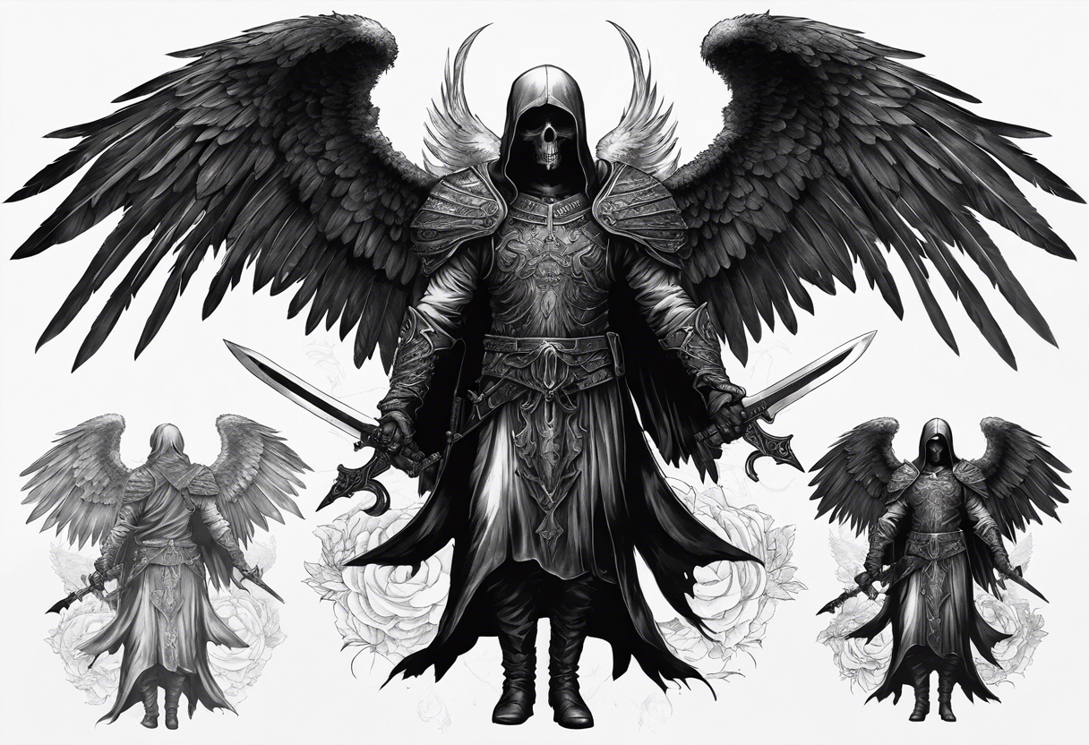 realistic full body of black angel of death, no face, face is not visible, with wings holding only one sword in both hands, the edge of the sword is killing the skull tattoo idea