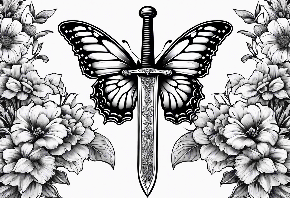 Sword with flowers wrapped around the sword. Also a butterfly tattoo idea