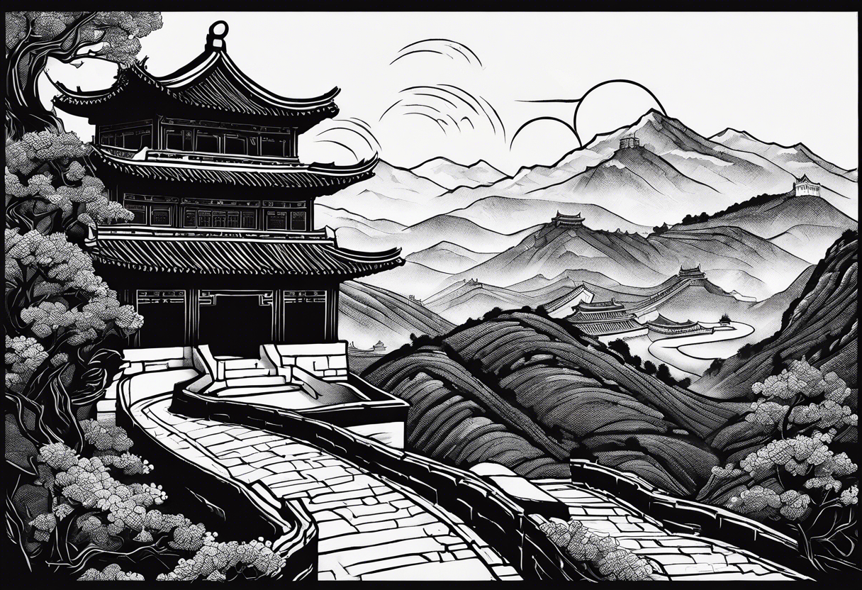 Rat behind Tiger and Snake on the great Wall of China with Temple tattoo idea