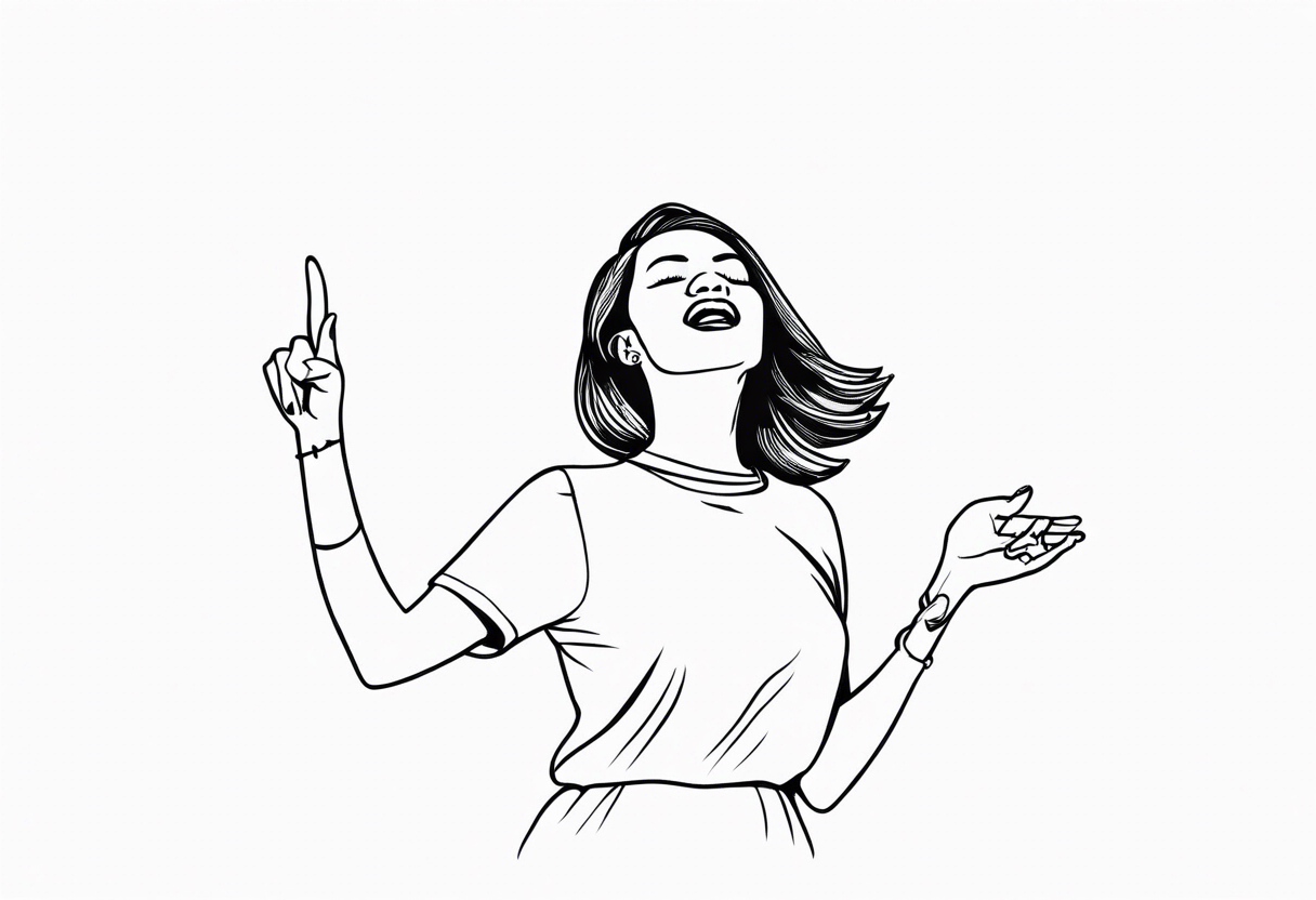 Silly. odd woman ugly dancing pointing her fingers up in the sky. tattoo idea
