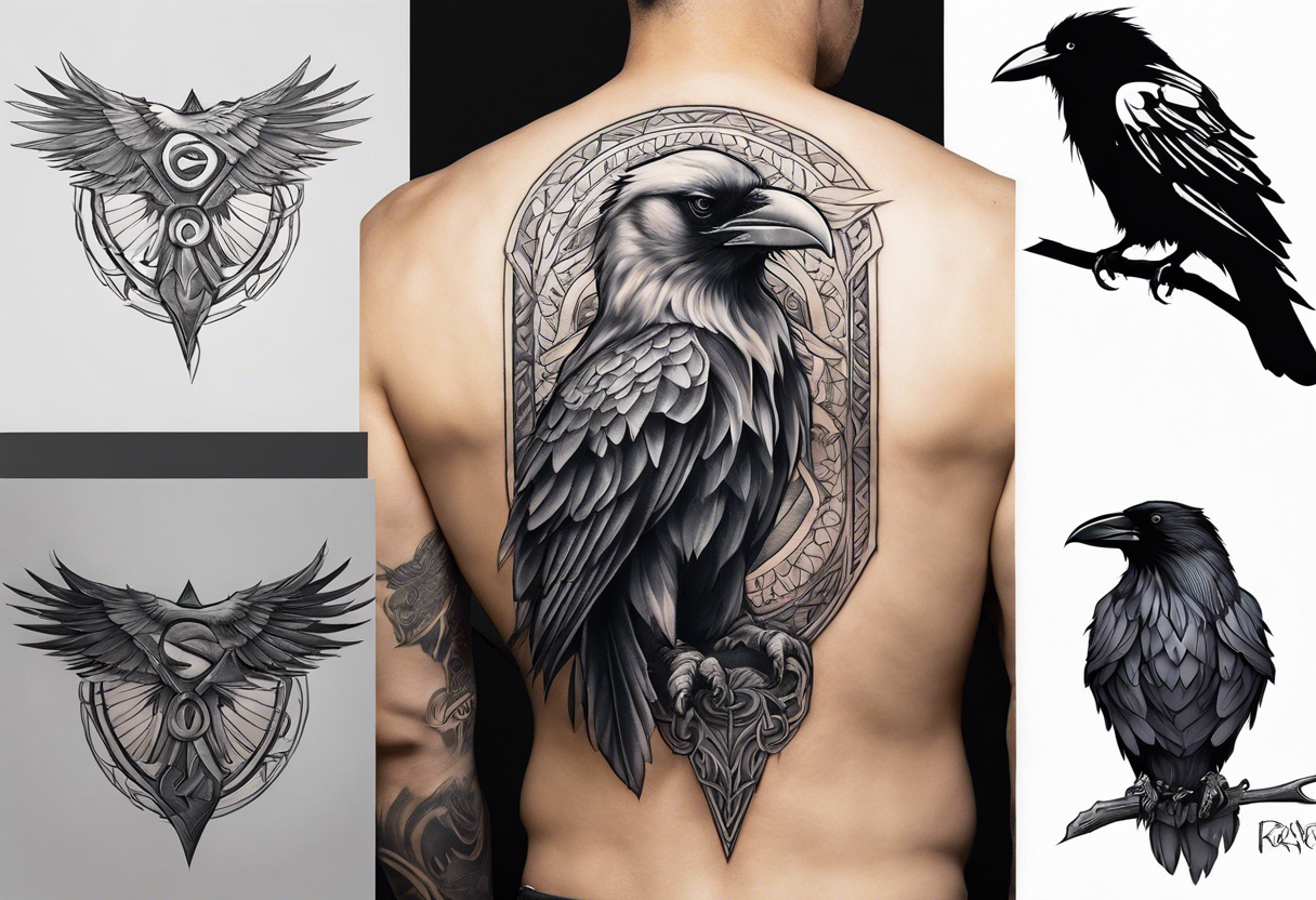 Symbol for Odin down the spine with a raven or two on the upper back or shoulder blades. Realistic or neo traditional style. Soft black and greys with natural skin showing though the art tattoo idea