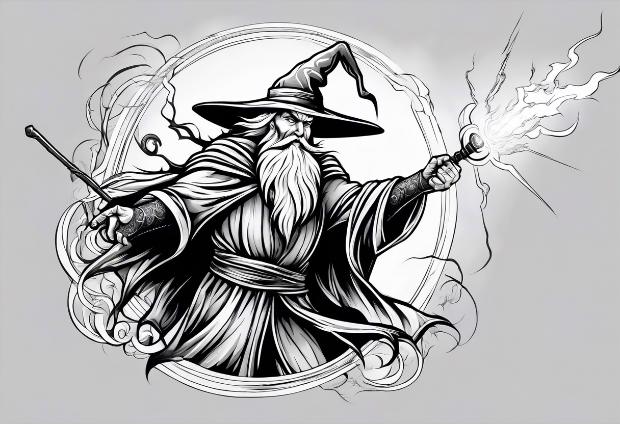 Wizard controlling lightning with a staff with blue arc ball tattoo idea