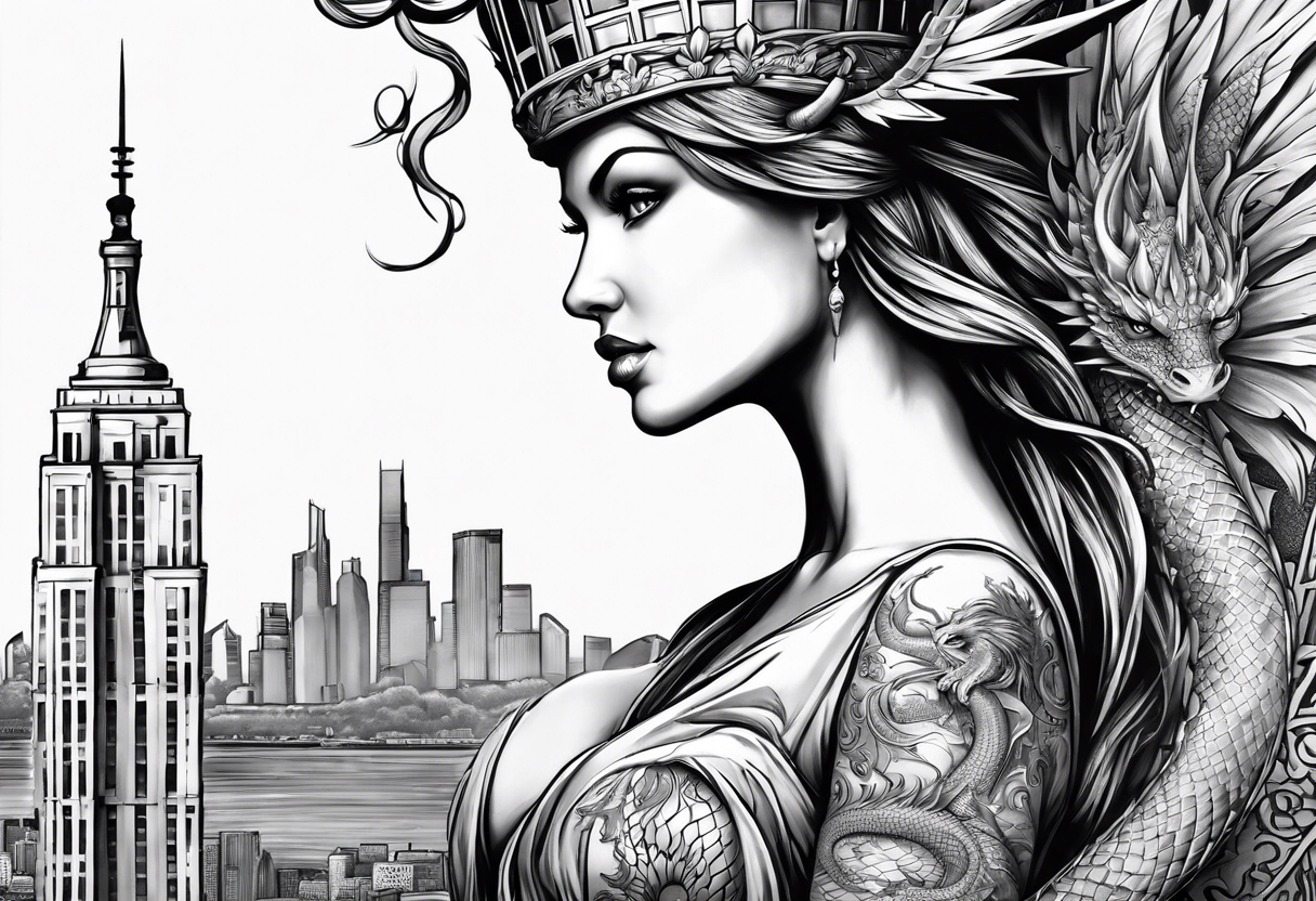 Hot girl as Statue of Liberty with dragon protecting her, full head tattoo idea
