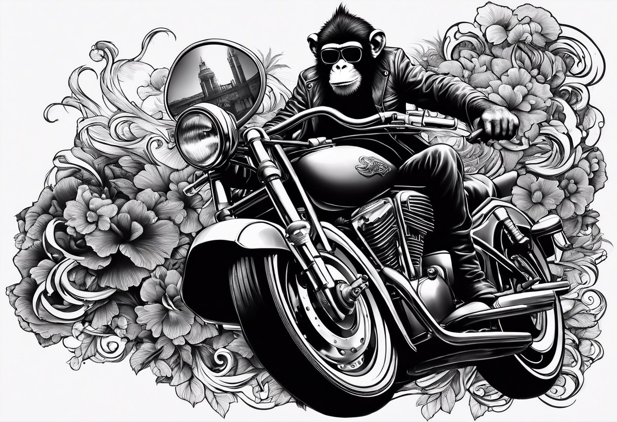 Monkey riding a chopper motorcycle with sunglasses on, a cigarette hanging out of his mouth tattoo idea