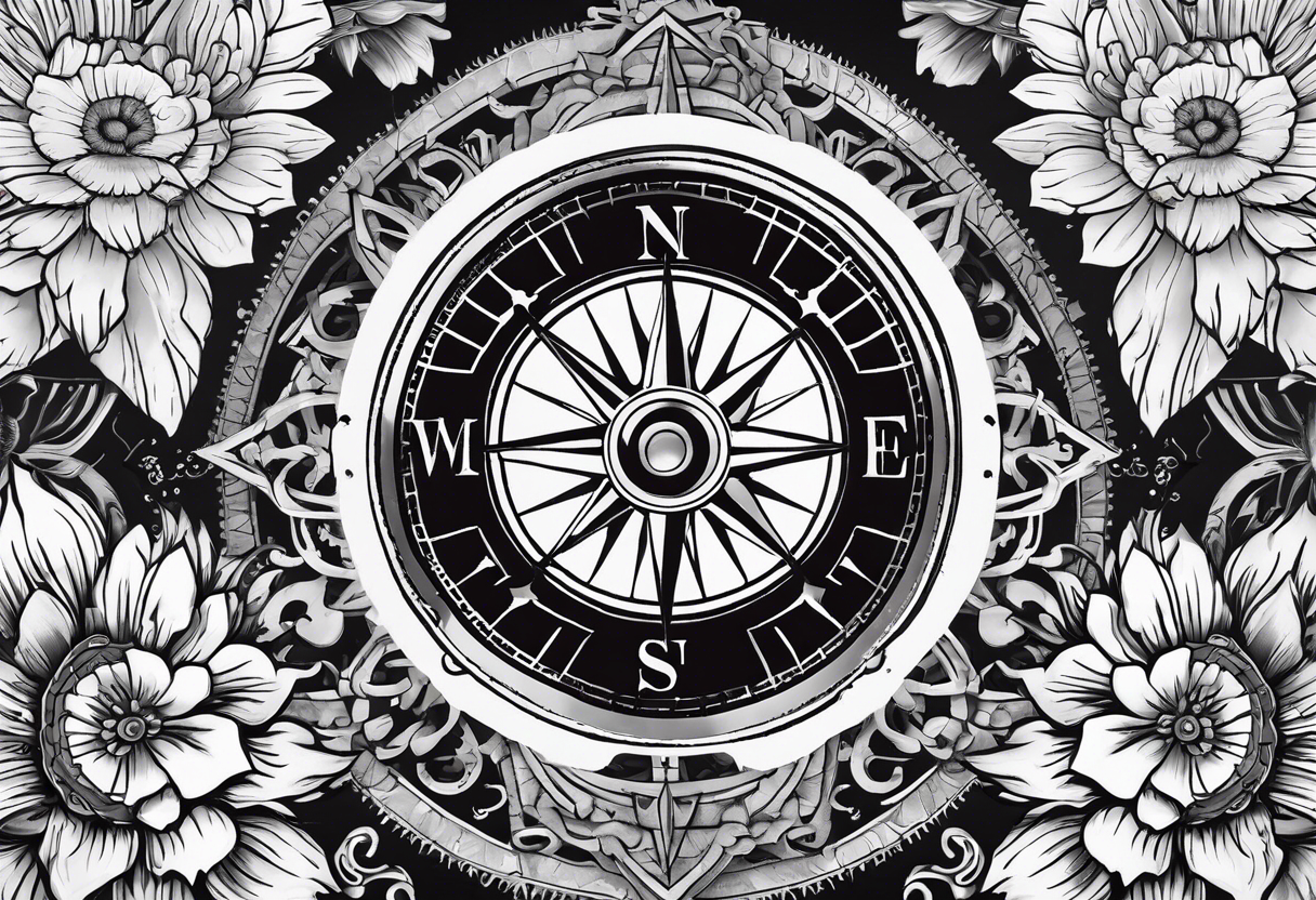 A Vintage compass with gears and marigold flower behind it. tattoo idea