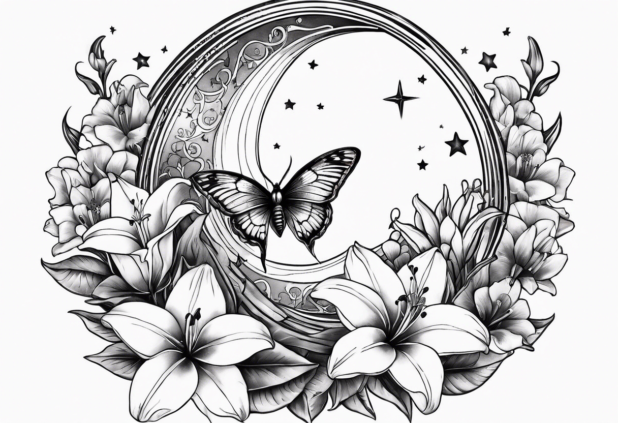 Small moon and stars with a moth and lily flowers tattoo idea