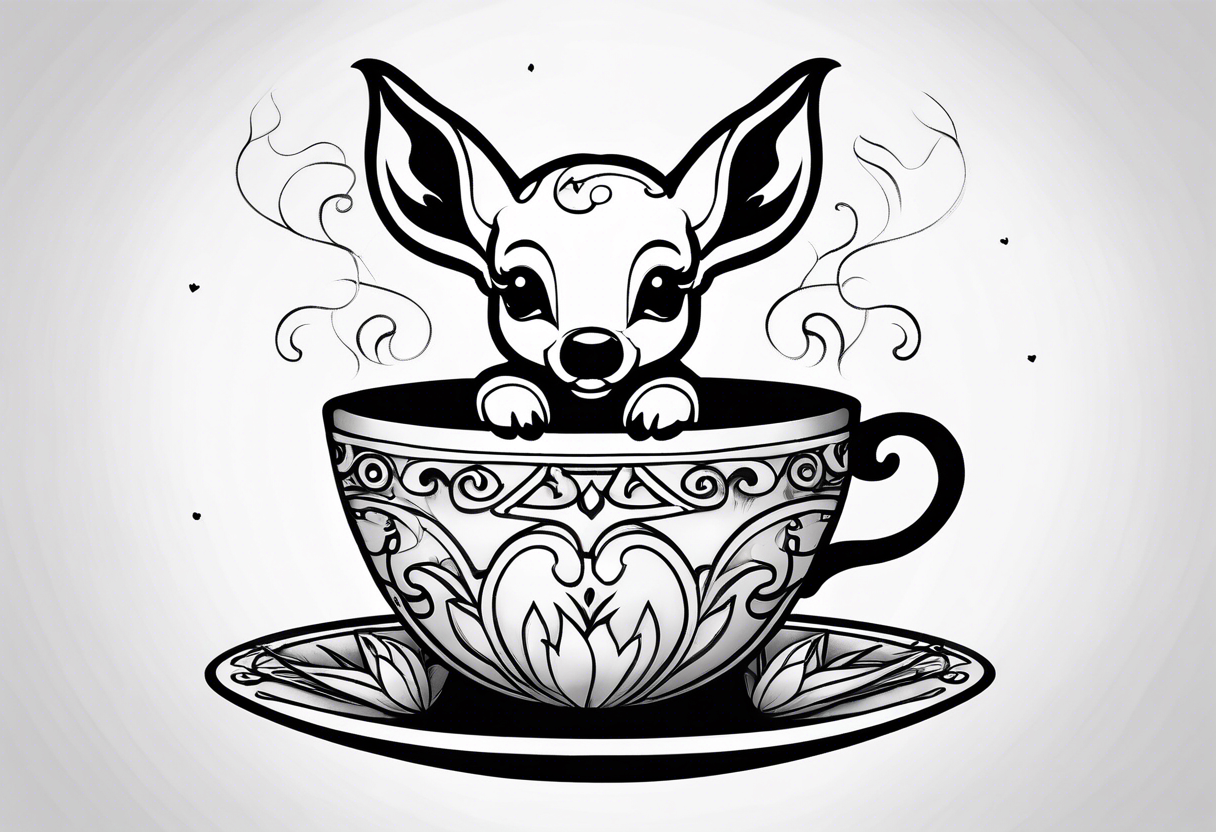 simple line art fawn inside a teacup tattoo idea