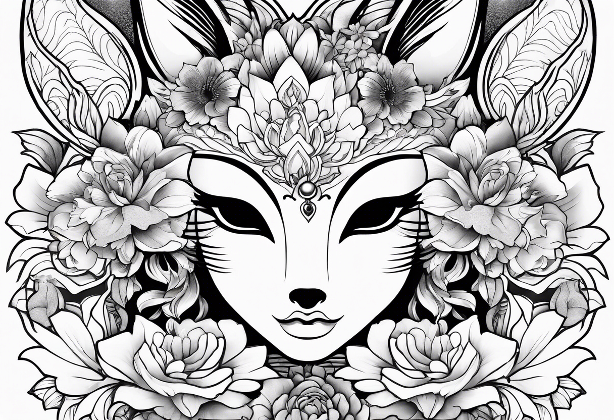 kitsune mask whit woman anime stiyle and  flowers tattoo idea