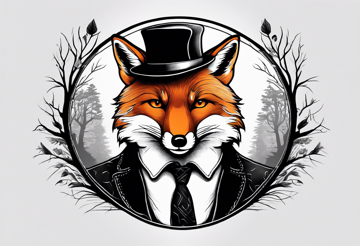 A fox wearing a fedora at the edge of the woods tattoo idea