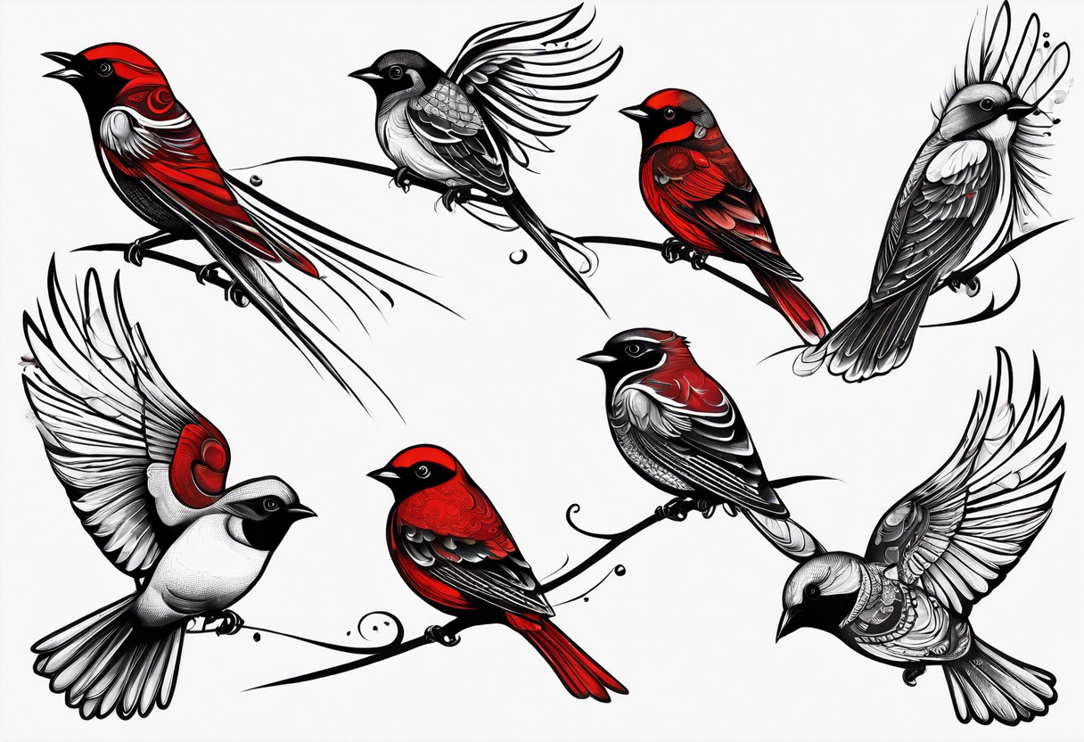 6 very small song birds flying near a red cardianl tattoo idea