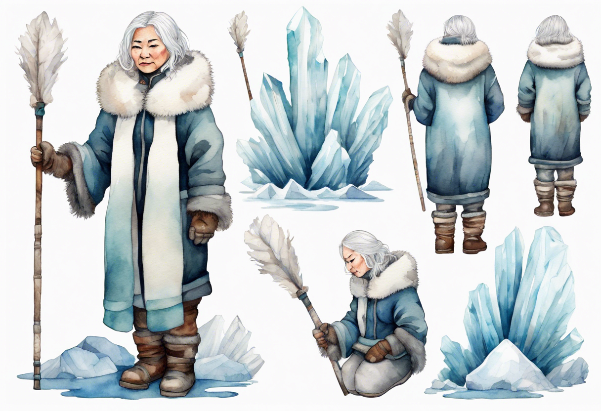 a middle aged Inuit woman with white hair, wearing mittens, mukluks, and a white cloak. Holding a white staff. Standing on an iceberg alone tattoo idea