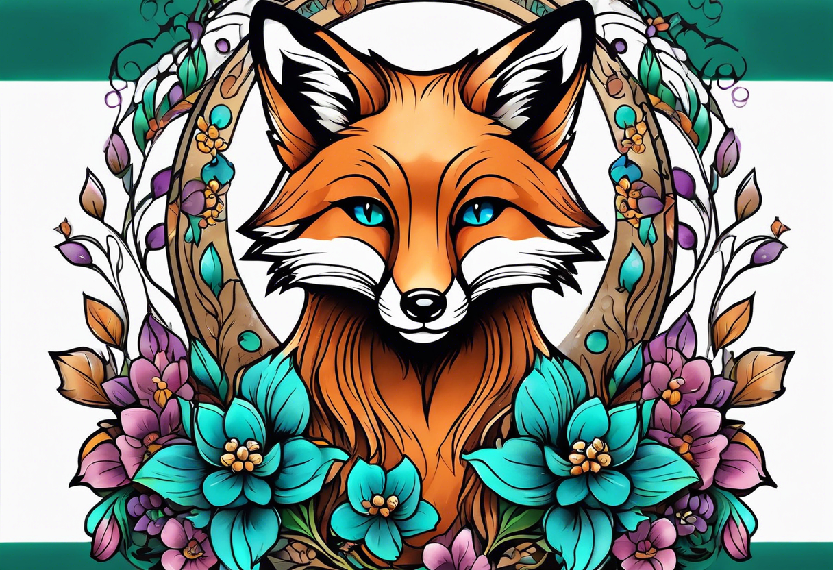 Neo traditional fox with violets and teal frame tattoo idea