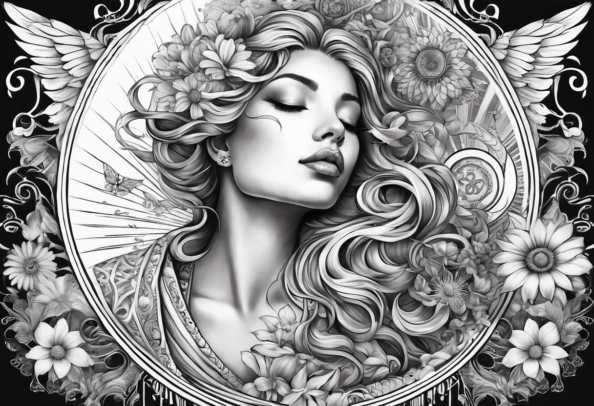 spiritual neck sleeve with stairway to heaven with clouds and rays, cosmo, iris, daisy flower and om symbol on throat
no woman in design tattoo idea