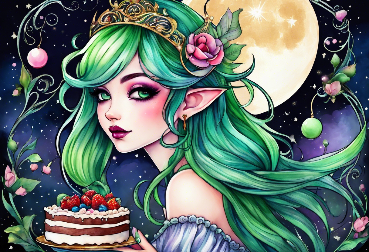 fairy with green hair, eating cake under the moon, tripping balls tattoo idea