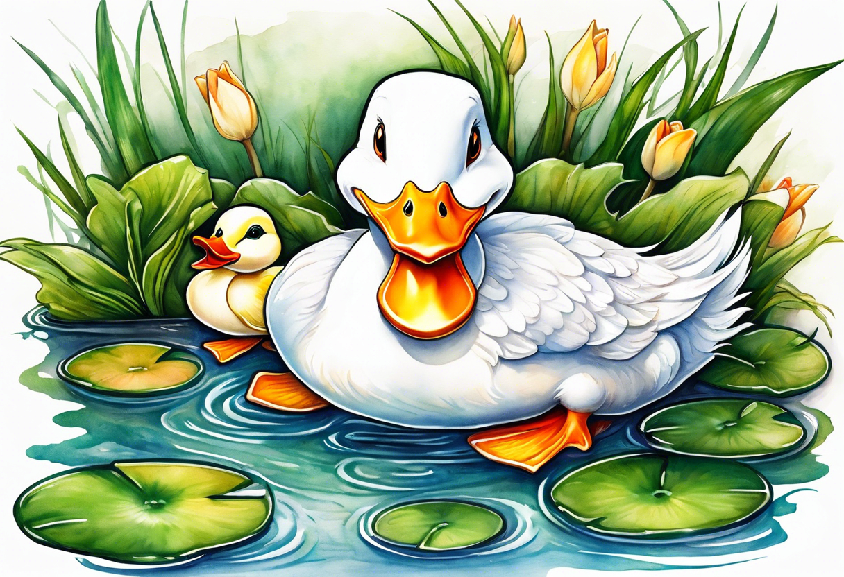 A white Duck with orange feet and a green toad playing together in a pond tattoo idea