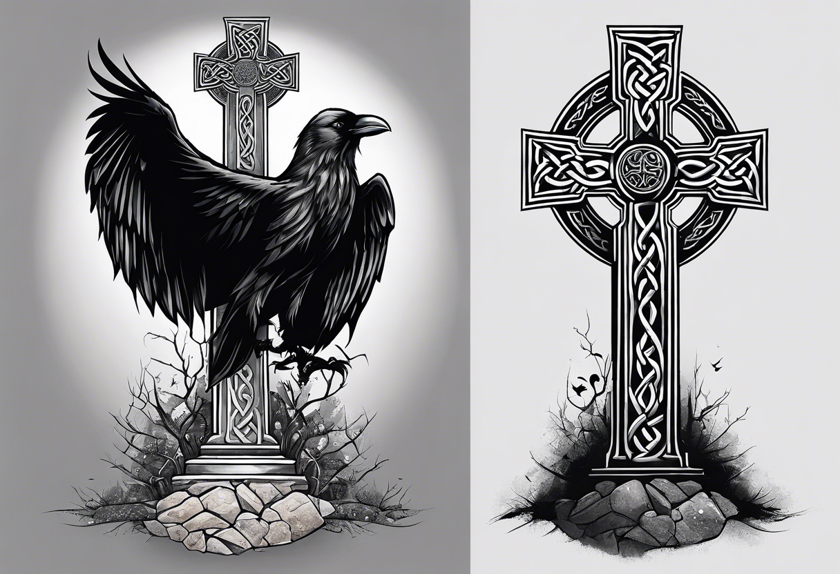 A stone Celtic cross, standing alone in the fog, with a raven perched on the arm of the cross tattoo idea