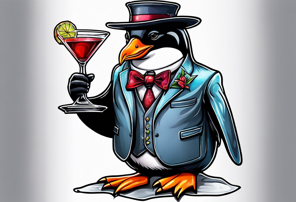 Classy penguin drinking a martini tattoo idea